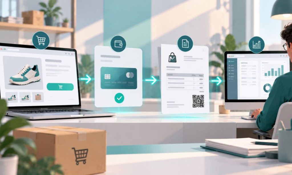 Un checkout de ecommerce conectado a una factura digital, con flechas entre pedido, pago, factura y asesoría.